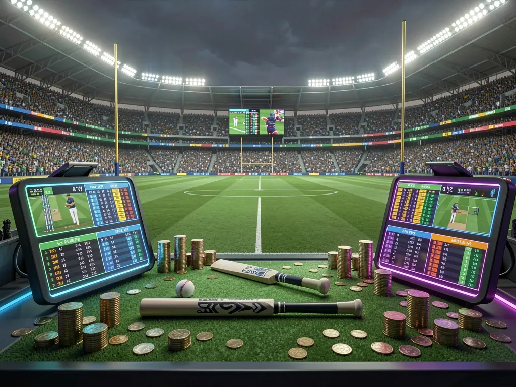 A vibrant cricket sportsbook scene at a packed stadium with a green field, bat and ball, digital live odds panels, coins, and neon lighting, showcasing 9999SL's exciting betting environment in Indonesia
