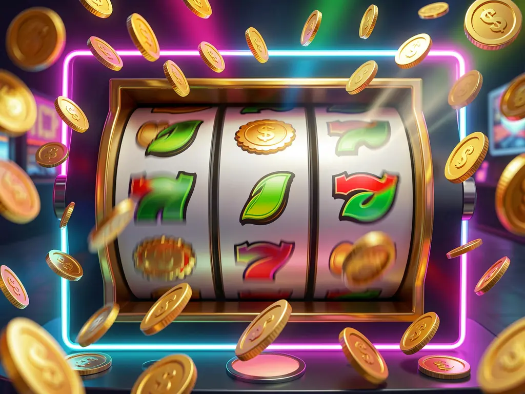 9999SL free spins casino bonus image featuring slot machine reels spinning with golden coins flying everywhere under colorful neon lights creating an exciting jackpot mood in a premium 3D illustration