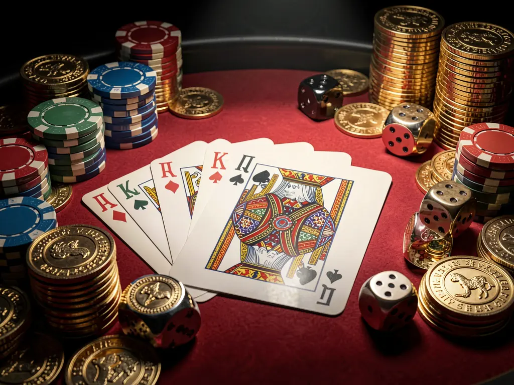 Realistic 3D render of a 9999SL casino table featuring a royal flush poker hand, poker chips, golden coins, and dice on a luxury black and red background with dramatic spotlight
